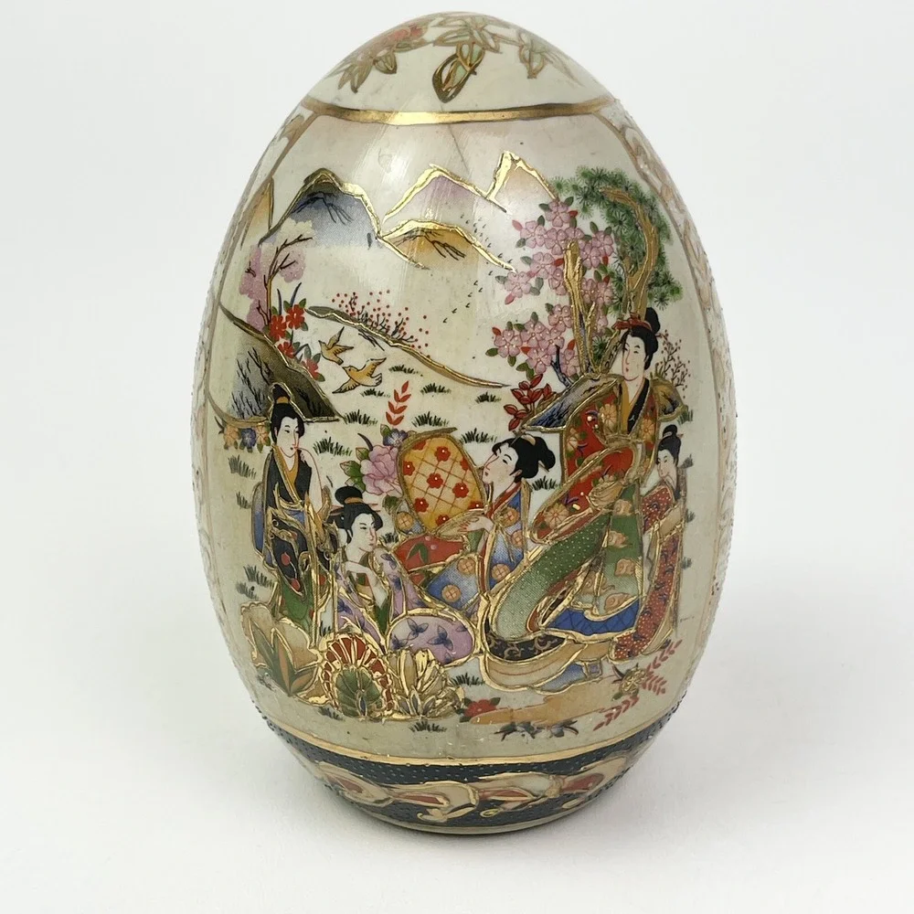 Vtg Royal Satsuma Egg Hand Painted Geisha Porcelain Gilded Hand Painted 6